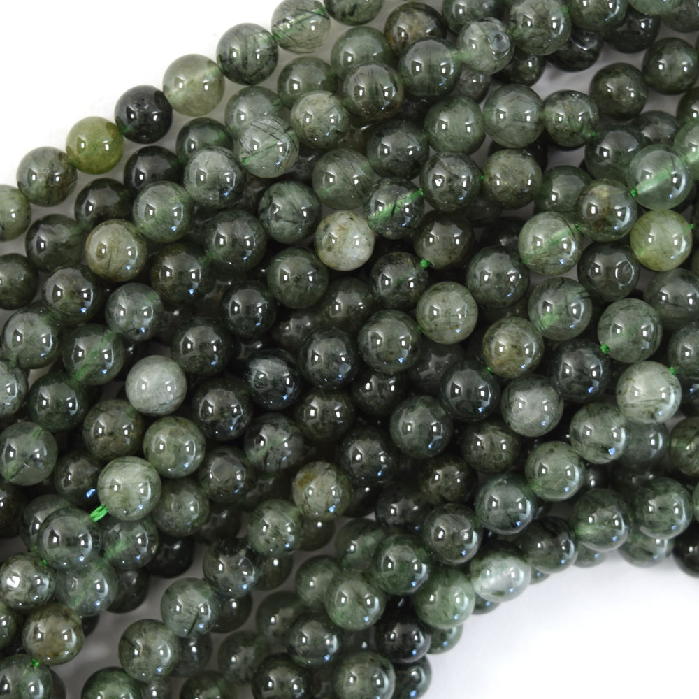 Natural Green Rutilated Quartz Round Beads 15.5" Strand 4mm 6mm 8mm 10mm
