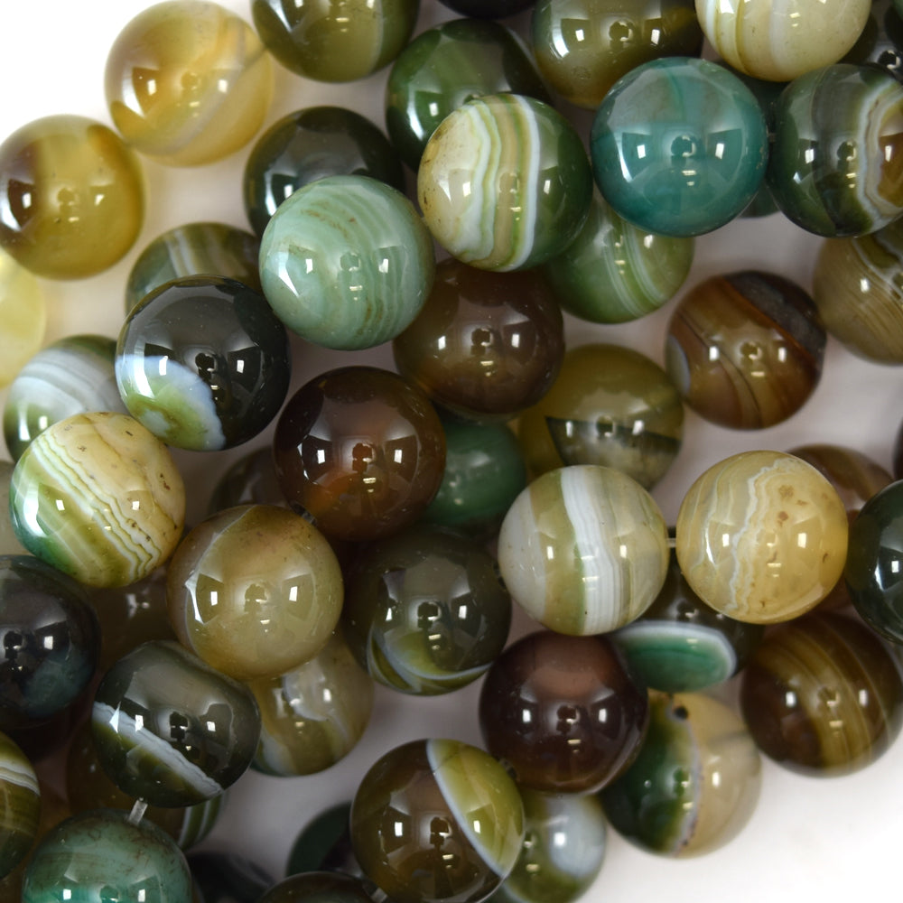 Brown Green Stripe Agate Round Beads Gemstone 15" Strand 4mm 6mm 8mm 10mm 12mm