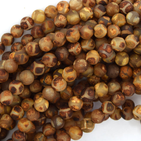 Matte Green Brown Tibetan DZI Agate Round Beads 15" Strand 6mm 8mm 10mm Football