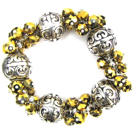 Faceted crystal CCB stretch bracelet 7" gold