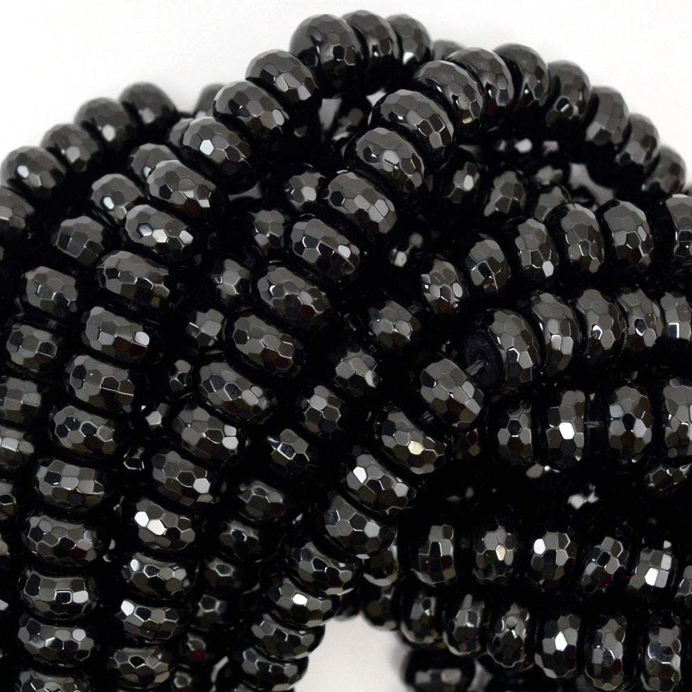 AA Faceted Black Onyx Rondelle Button Beads Gemstone 15" Strand 4mm 6mm 8mm 10mm