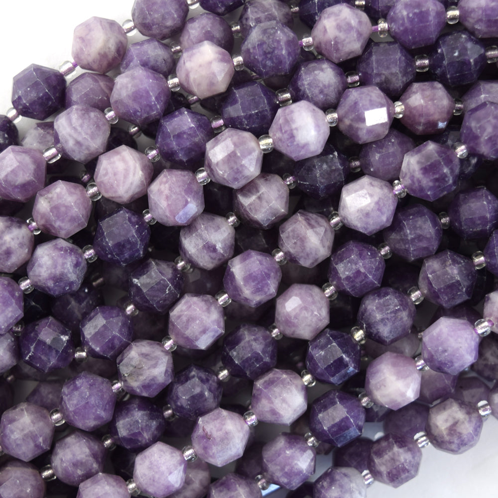 Natural Purple Lepidolite Prism Double Point Cut Faceted Beads 15.5" 8mm 10mm