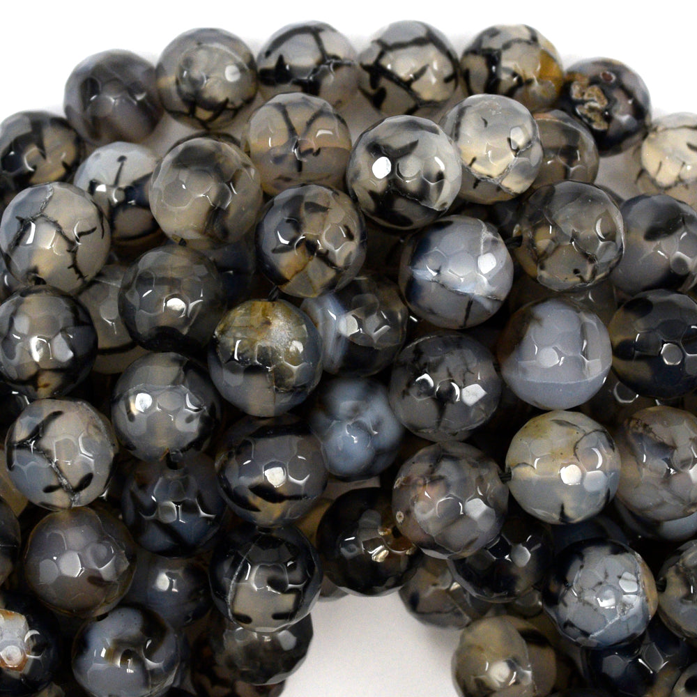 Faceted Black Dragon Vein Agate Round Beads 14.5" Strand 6mm 8mm 10mm 12mm