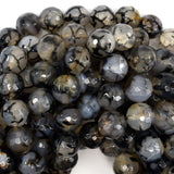 Faceted Black Dragon Vein Agate Round Beads 14.5