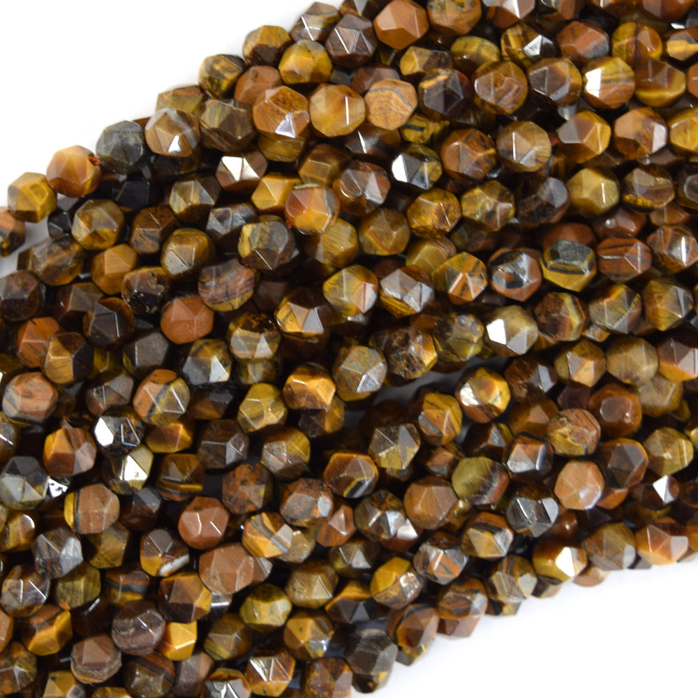 Natural Star Cut Faceted Tiger Eye Round Beads 15" Strand 6mm 8mm 10mm Diamond
