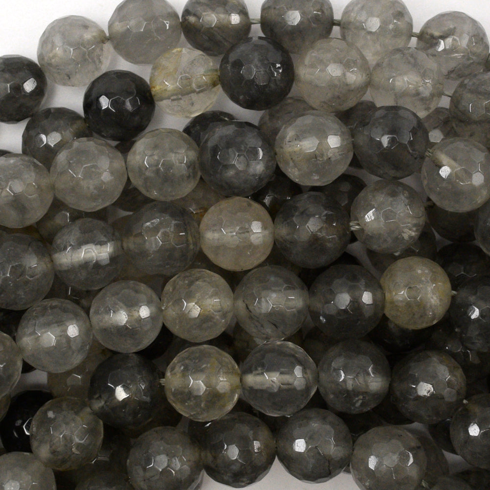 Natural Faceted Cloudy Gray Quartz Round Beads Gemstone 15" Strand 6mm 8mm 10mm