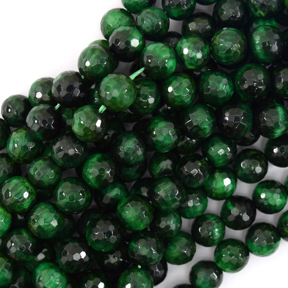 Faceted Green Tiger Eye Round Beads Gemstone 15" Strand 4mm 6mm 8mm 10mm 12mm