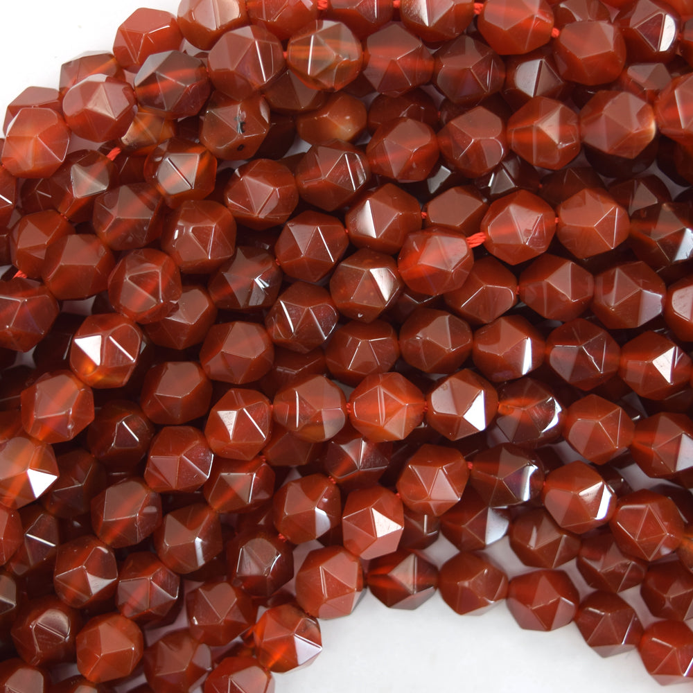 Star Cut Faceted Red Carnelian Round Beads Gemstone 14" Strand 6mm 8mm 10mm