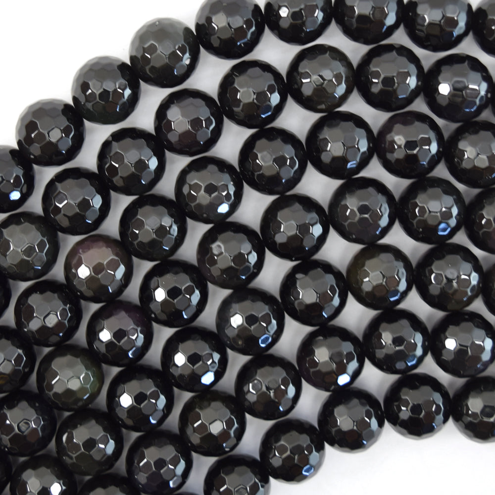 Natural Faceted Black Obsidian Round Beads 15" Strand 3mm 4mm 6mm 8mm 10mm 12mm