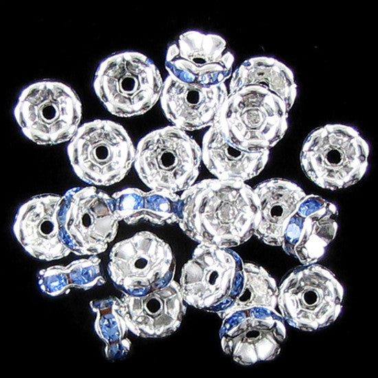 25 6mm silver plated rhinestone rondelle beads blue findings